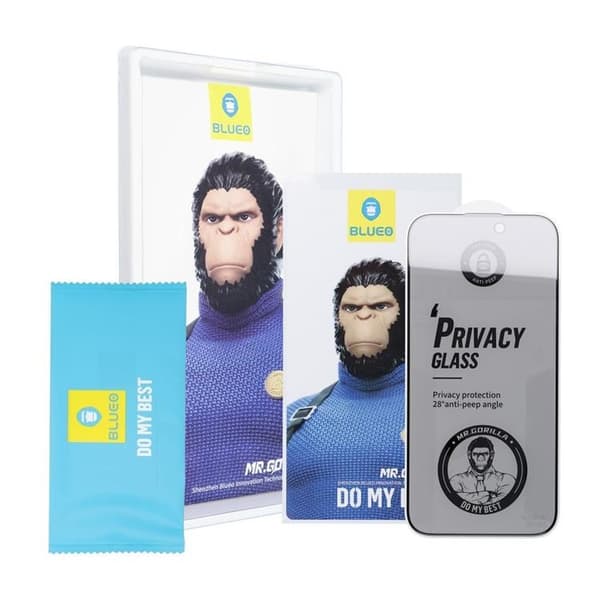BlueO iPhone 16 Pro Härdat Glas Skärmskydd 5D Mr Monkey Privacy Black