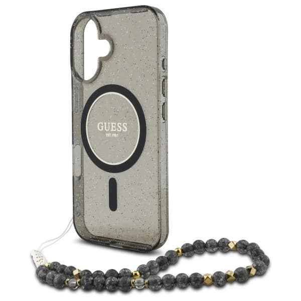 Guess Mobilskal till iPhone 16 MagSafe IML Glitter Med Strap - Svart Svart
