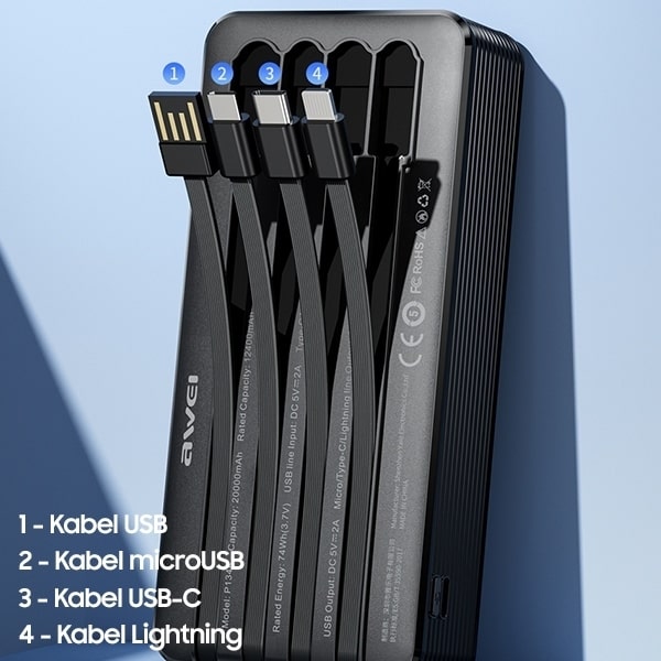 Awei Powerbank 20000mAh med Micro-USB/USB-C/Lightning Kabel - Sort Black