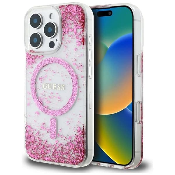 Guess Mobilskal till iPhone 16 Pro MagSafe HC Resin Bottom Glitter - Rosa Rosa