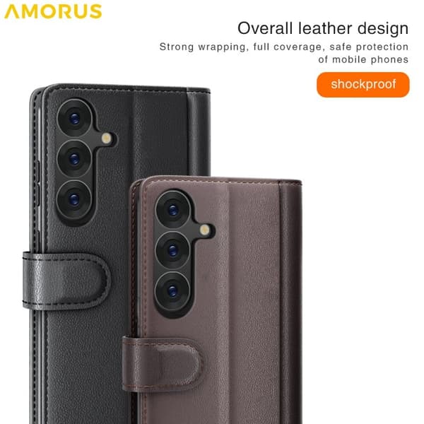AMORUS Samsung Galaxy S26 Plånboksfodral Äkta Läder - Svart