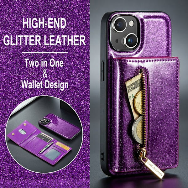 DG.MING M3 Series iPhone 15 Plus Konstläder Plånboksfodral Glitter Lila