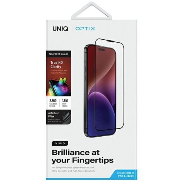 UNIQ iPhone 15 Pro Max Härdat Glas Skärmskydd Optix Vivid Svart