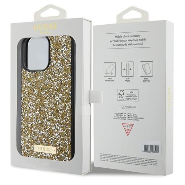 Guess iPhone 15 Pro Max -puhelinkuori, jossa strassit ja metallinen logo - keltainen Gul