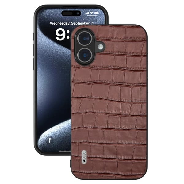 ABEEL Mobilskal till iPhone 16 Plus Äkta Läder + PC + TPU Droppskydd Brun