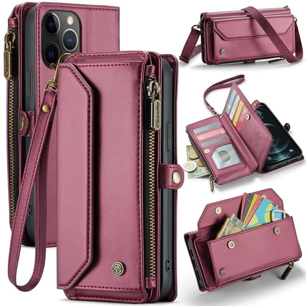 CASEME Plånboksfodral Konstläder för iPhone 12 Pro Max - Vinröd