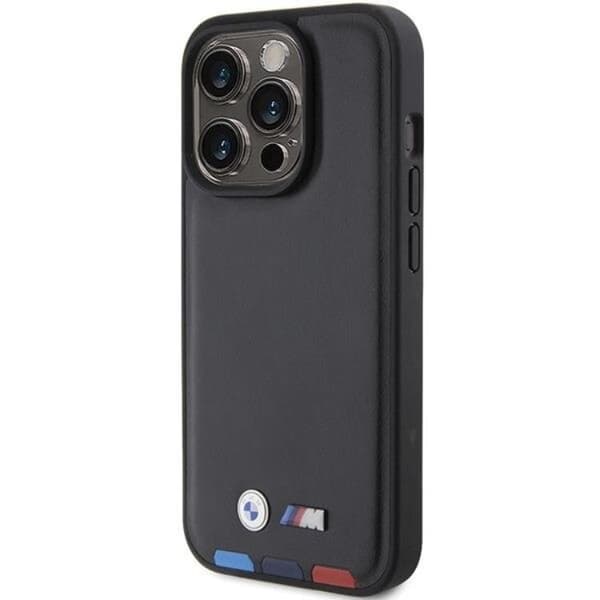 BMW iPhone 15 Pro Mobilskal Läder Stamp Tricolor - Musta Black