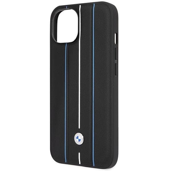 BMW telefontaske til iPhone 14 læderstempel blå linjer - sort Black