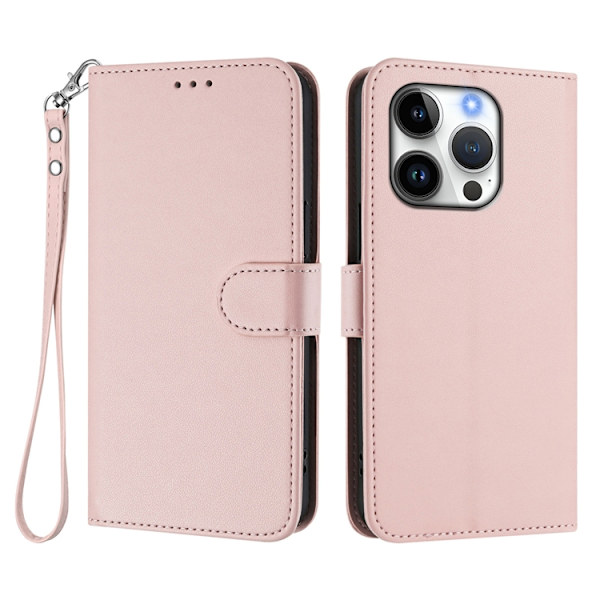 iPhone 15 Pro Max Plånboksfodral Läder med Handledsrem - Rosa Rosa