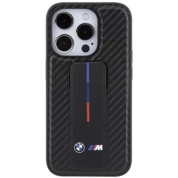 BMW iPhone 15 Pro -puhelinkuori Grip Stand Smooth & Carbon - Musta Black
