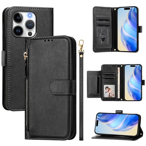 iPhone 16 Pro Max Plånboksfodral Zipper Pocket Läder - Svart Svart