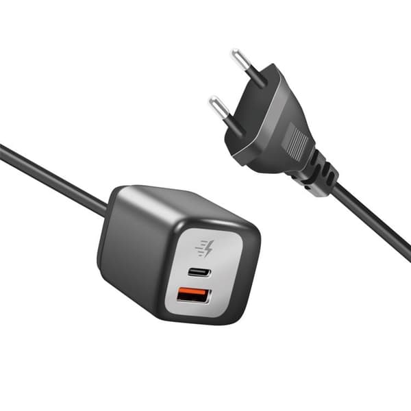 Logilink Vægoplader 1xUSB-A + 1xUSB-C med fast kabel 1.5m GaN 30W Black