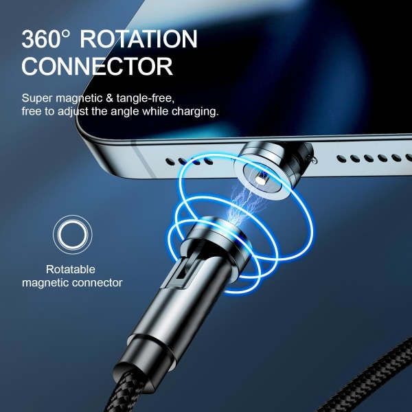 3in1 360° magneettikaapeli Lightning, USB-C, Micro-USB, 2.4A - musta