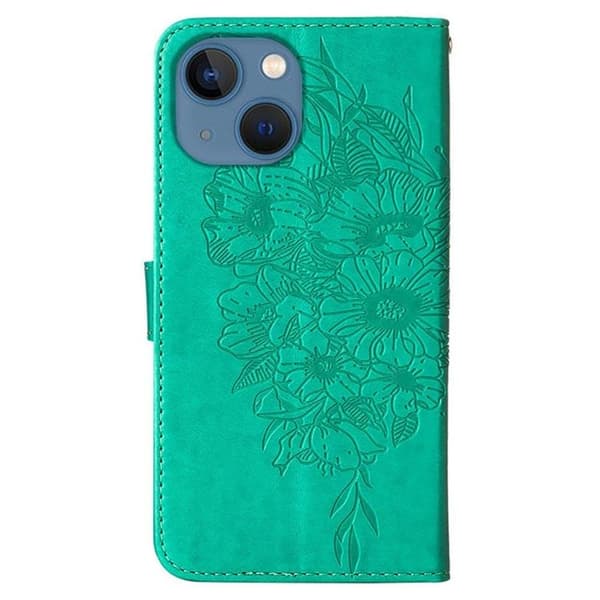 iPhone 14 Plus Plånboksfodral Butterfly Flower Imprinted - Grön