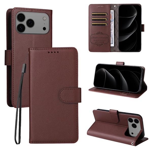 iPhone 17 Pro Max Plånboksfodral RFID Blocking med Handledsrem Brun