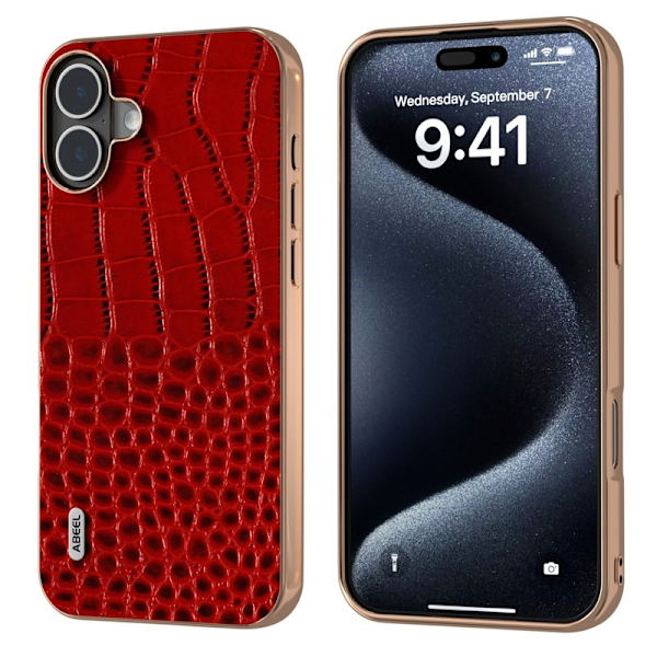 ABEEL Mobilskal till iPhone 16 Electroplating Äkta Läder Röd