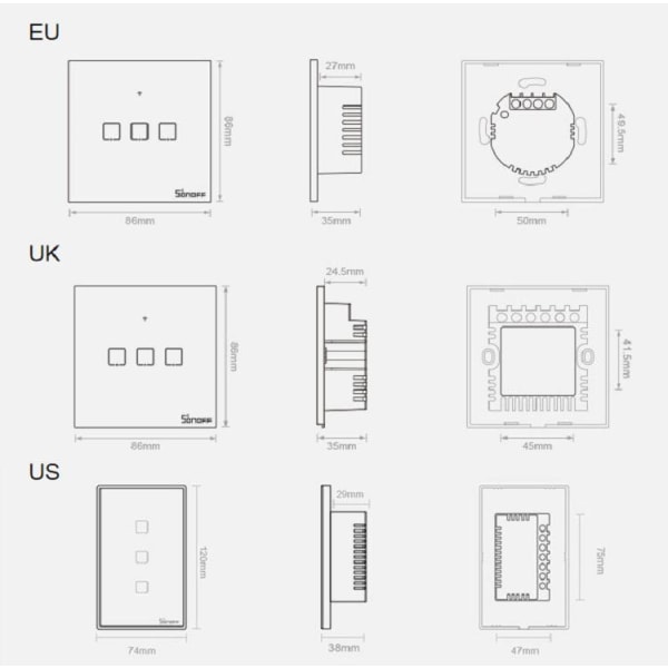 Sonoff 3-kanavainen Wi-Fi-älykytkin T3EU3C-TX - Musta