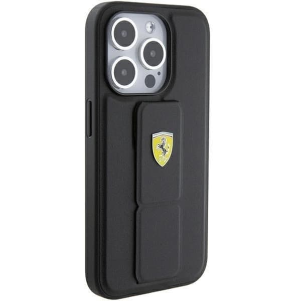 Ferrari Telefontaske til iPhone 15 Pro Grip Stand Metal Logo - Sort Black