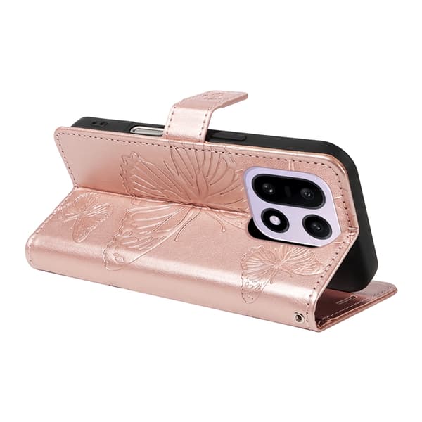 OnePlus 15 Konstläder Plånboksfodral Floral Butterfly Imprinted Roséguld