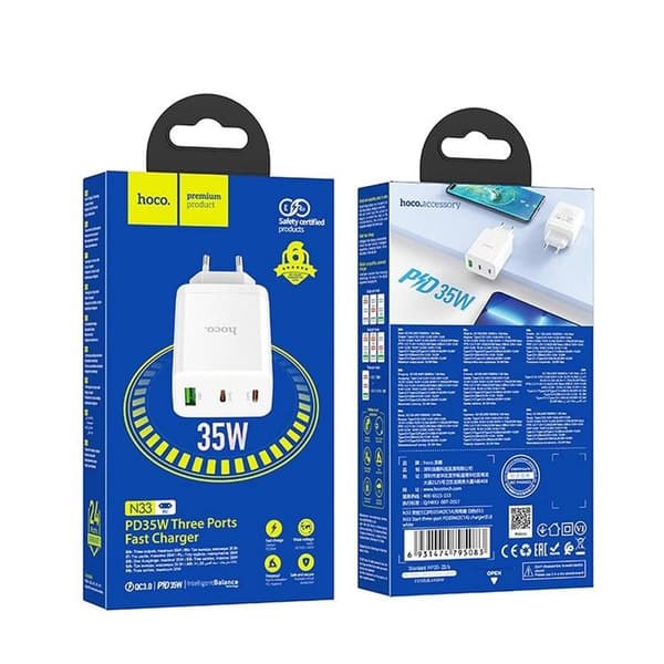 Hoco Väggladdare 35W 2xType C + USB A N33 - Vit Vit