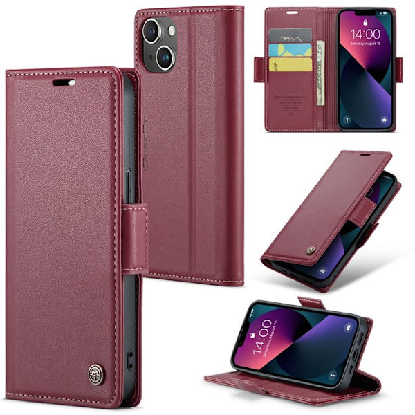 CASEME Plånboksfodral Konstläder för iPhone 15 Plus - Röd
