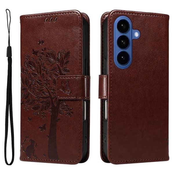 Samsung Galaxy S26 Plånboksfodral Konstläder Kattträd Mönster - Kaffe