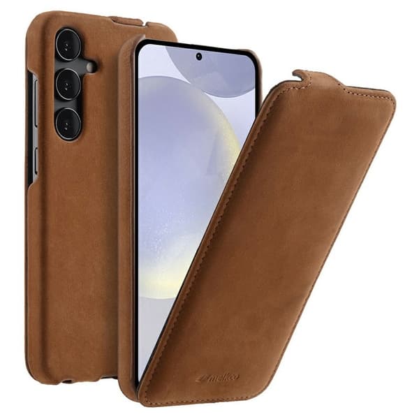 MELKCO Mobilskal till Galaxy S25 Plus Vertikalt Flip Äkta Läder + PC Brun