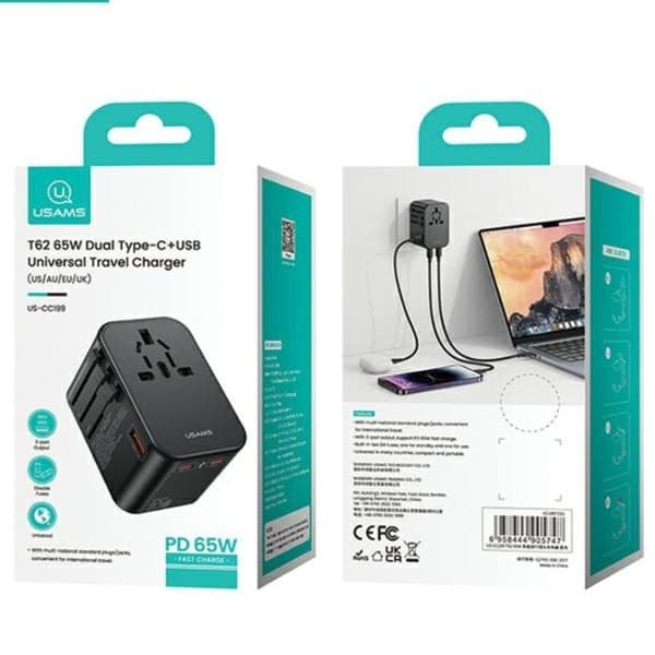 USAMS Reseladdareadapter 65W 2x USB-C 1xUSB US/AU/EU/UK T62 Svart