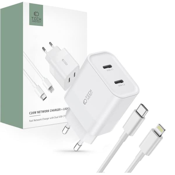 Tech-Protect seinäteline 2-porttinen Type-C - Valkoinen Vit