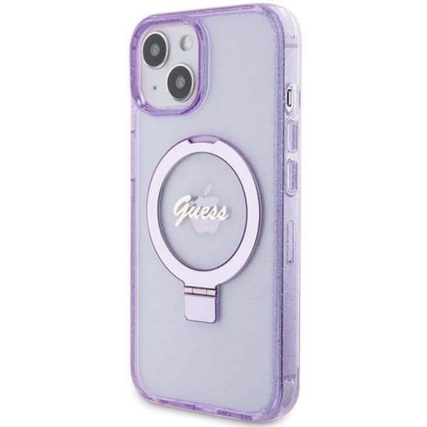 Guess iPhone 15/14 Plus -puhelinkotelo Magsafe-renkaalla Script Glitt Lila