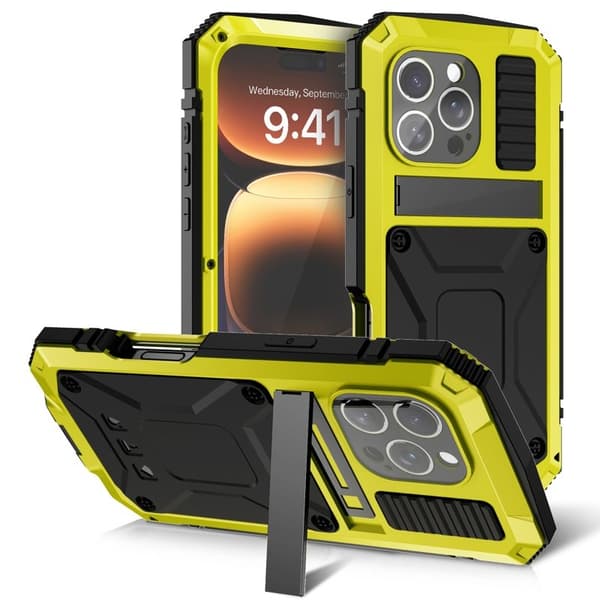 R-JUST Mobilskal till iPhone 16 Pro Max PC+Silicone+Metal Kickstand Gul