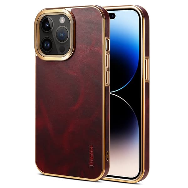 DENIOR Mobilskal till iPhone 15 Pro Äkta Läder + PC + TPU Röd