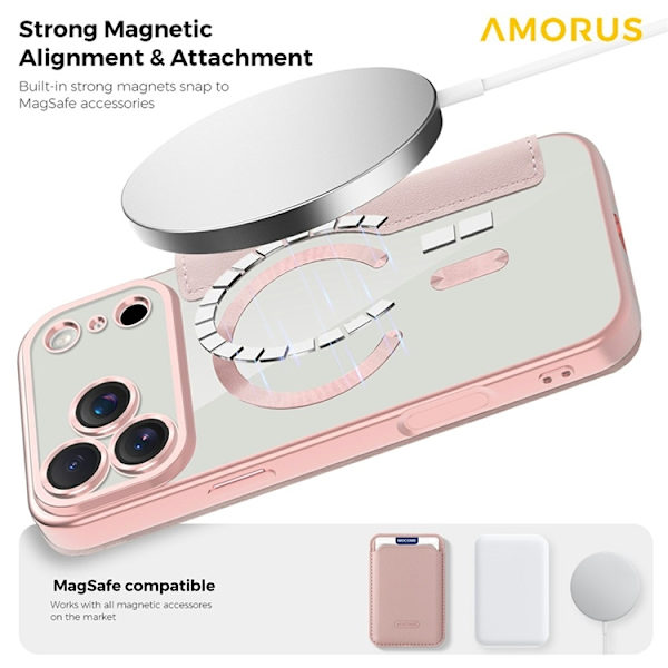 AMORUS iPhone 17 Pro Plånboksfodral MagSafe RFID-Skydd - Rosa Rosa