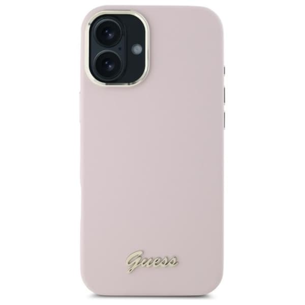 Guess Mobilskal till iPhone 16 Silikon Script Metal Logo - Rosa Rosa