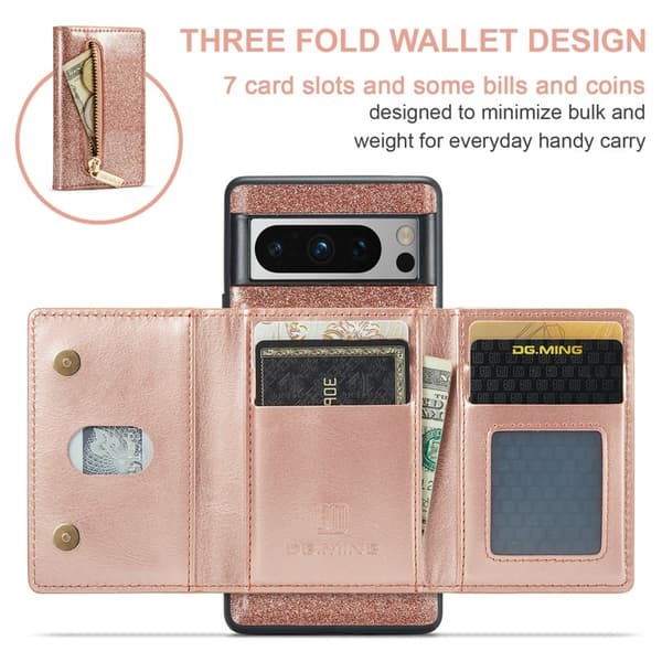 DG.MING M3 Series Konstläder Plånboksfodral för Google Pixel 8 Pro Roséguld