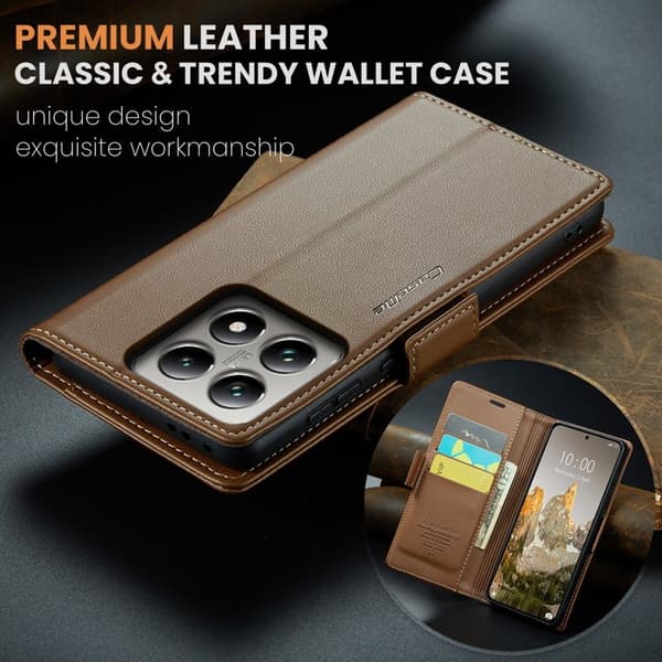 CASEME Xiaomi 14T Pro Plånboksfodral Konstläder RFID-Skydd Brun