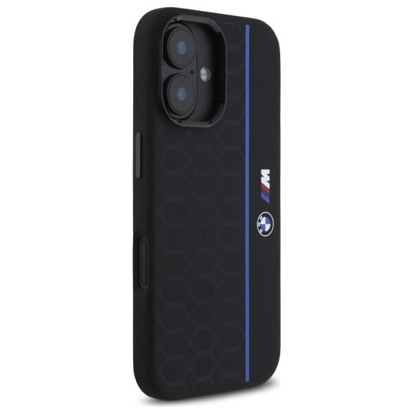 BMW telefontaske til iPhone 16 MagSafe Silikone Hexagon Blue Line Black
