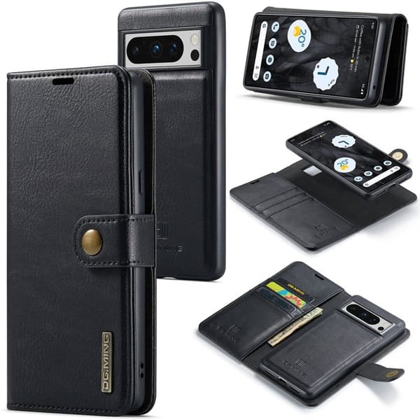 DG.MING Google Pixel 8 Pro Äkta Läder Plånboksfodral Detachable Magnetisk Svart