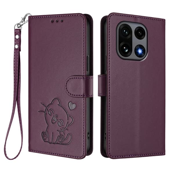 OnePlus 15 5G Konstläder Plånboksfodral Love Cat Pattern Imprint Lila