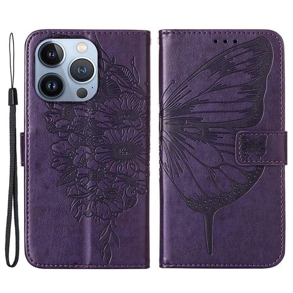 iPhone 14 Pro Max Plånboksfodral Butterfly Flower Imprinted - Lila Lila