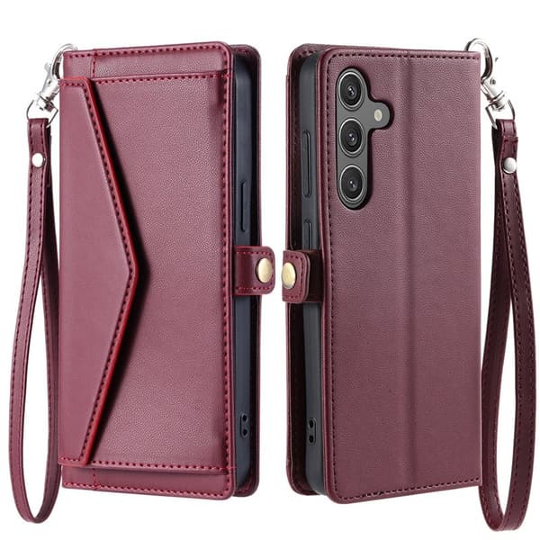 Samsung Galaxy S26 Plånboksfodral Konstläder Med Handrem - Vinröd