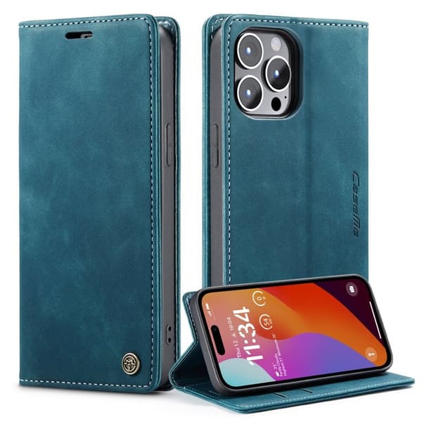 CASEME 013 iPhone 15 Pro Konstläderplånboksfodral Ställ Blå