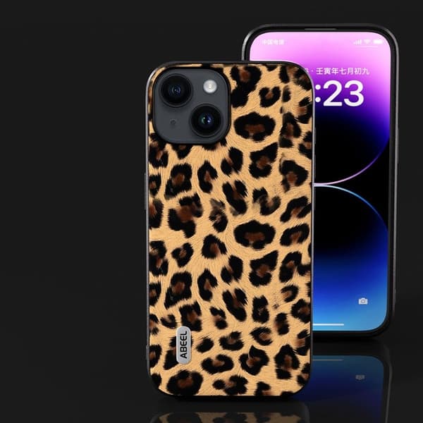 ABEEL Mobilskal till iPhone 14 Plus PU Läder Leopard Textur Champagne Guld