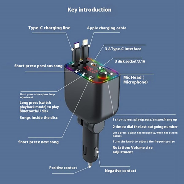 Billaddare med Infällbart USB-C/Lightning Kabel FM Transmitter Svart