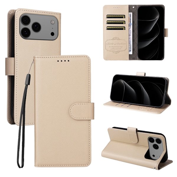 iPhone 17 Pro Max Plånboksfodral RFID Blocking med Handledsrem Beige