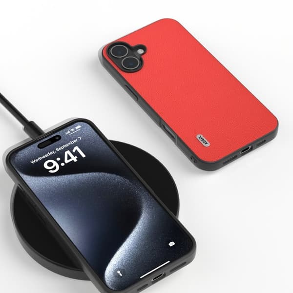 ABEEL Mobilskal till iPhone 16 Äkta Läder + PC + TPU Röd