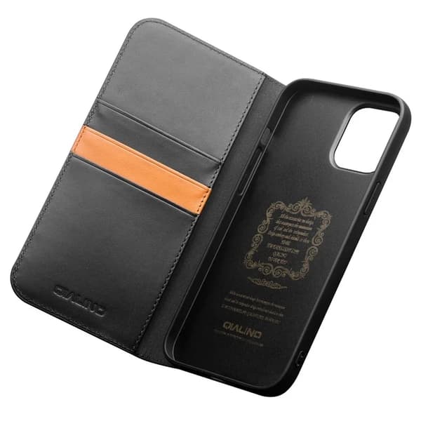 QIALINO iPhone 12 Pro Max Plånboksfodral Äkta läder - Svart Svart