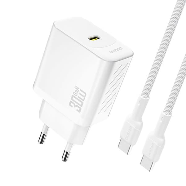 Dudao hurtigoplader USB-C PD 30W GaN med USB-C kabel A27PCEU - hvid Vit