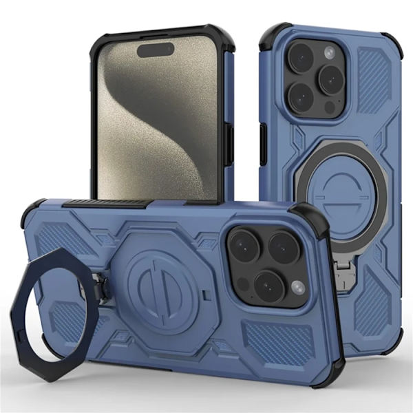 Mobilskal till iPhone 15 Pro Plast Shockproof med Rotating Kickstand - Blå