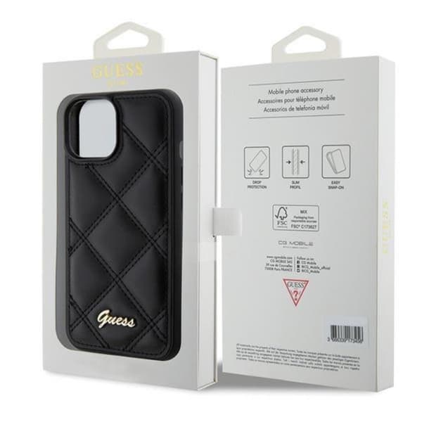 Guess iPhone 15 Mobilskal Quilted Metal Logo - Sort Black